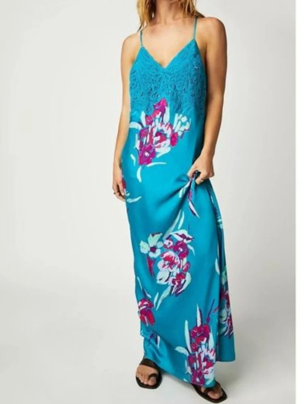Free People Forever Yours Floral Maxi Dress with Lace Back In River Combo